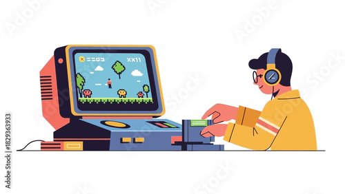 Retro gaming enthusiast playing classic pixel game with headphones, vibrant nostalgia, perfect for tech blogs and retro gaming communities, vector design