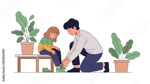 Heartwarming moment of a father tying his daughter's shoelaces, a tender family scene, perfect for illustrating love, care, and parenting in modern life