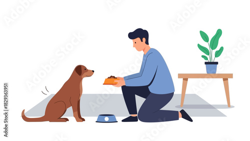 Man offering food to his loyal dog, promoting pet care and love, perfect for ads, websites, or social media posts about pets and responsible ownership