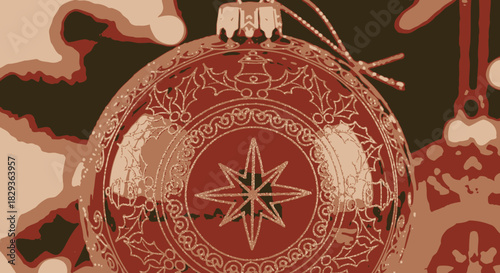 Ornate Christmas Ornament with Star and Holly Design in Sepia Tones