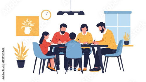 Family working together at the table on a project, fostering teamwork and creativity in a cozy home setting, ideal for family bonding moments