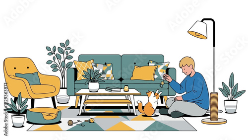 Joyful moment playing with a frisky cat in a stylish, modern living room, embodying pet ownership and a cozy, playful lifestyle, perfect for home decor projects