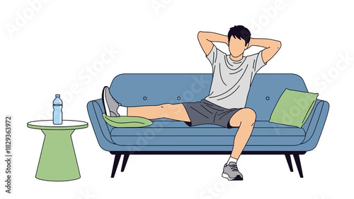 Relaxed man lounging on sofa after workout with water bottle, promoting healthy lifestyle and comfortable rest at home, originally scalable vector graphic