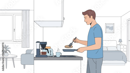 Man flipping pancakes in a bright, modern apartment, enjoying a relaxing morning making breakfast with coffee brewing, capturing a cozy and peaceful lifestyle