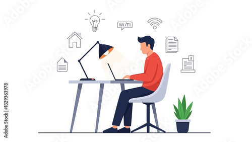 Modern professional working remotely at desk with laptop, icons showing connection, home, and ideas, perfect for online learning and business concepts