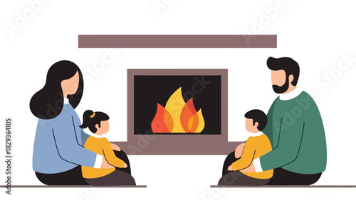 Cozy family time by the fireplace, parents cherish children's moments, warmth, comfort, togetherness, love, perfect for family blog or holiday advertisement