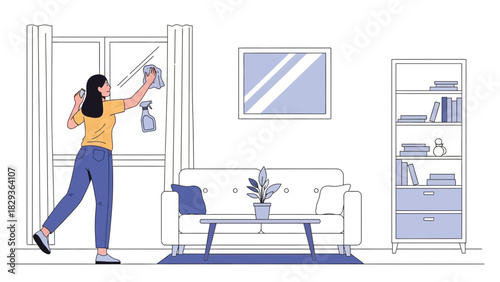 Woman cleaning windows in cozy living room interior, enjoying a spotless home, creating a fresh, bright, and inviting atmosphere for comfortable living