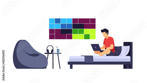 Relaxed man working from bed with laptop, beanbag chair, and modern art, creating a comfortable and productive workspace at home, perfect for remote work lifestyle