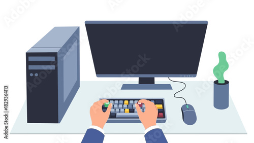 Typing on a vibrant mechanical keyboard connected to desktop computer for coding or gaming, a modern workstation setup with ergonomic design