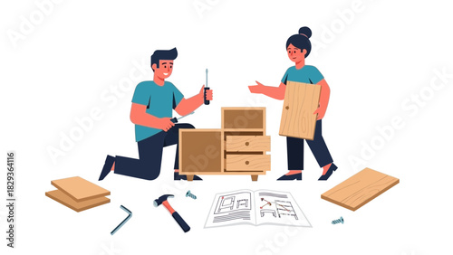 Modern couple assembling furniture together, DIY home improvement project brings joy and teamwork, flat pack furniture assembly, instruction manual open