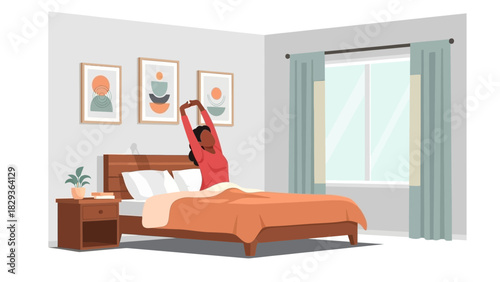 Woman stretching in bed after waking up in her calm bedroom, starting the day with a peaceful morning routine and positive energy for a productive day