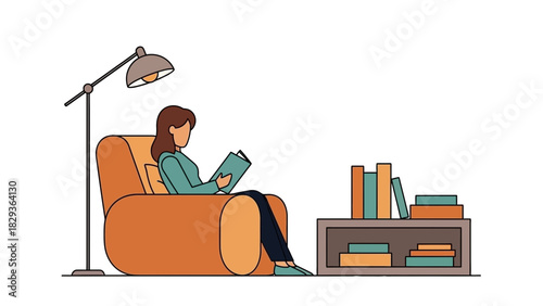Cozy reading time at home illustration, enjoy relaxing in a comfortable chair with books and a soft lamp, perfect for studying or leisure