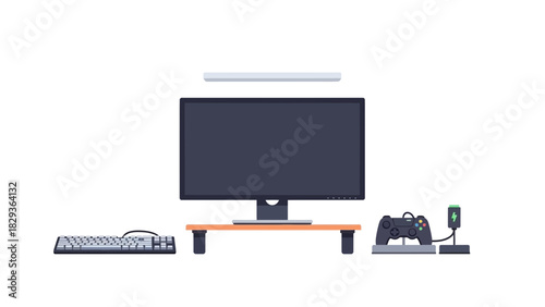 Modern gaming setup showcasing sleek monitor, keyboard, and controller ready for esports or casual play, perfect for streaming or game development concepts