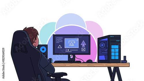 Cartoon gamer at computer desk with headset and speakers, esports and streaming concept, illustration of digital lifestyle, modern design workspace