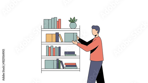 Man organizing books on shelf, creating a cozy reading nook at home, a simple pleasure, and a moment of calm for readers and knowledge seekers