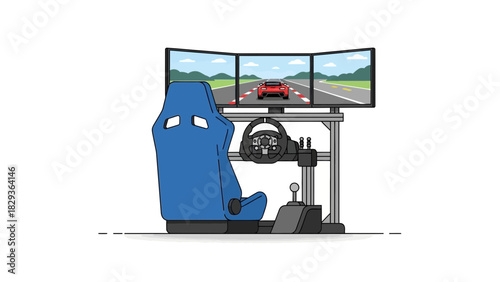 Immersive racing simulator setup with blue seat and triple monitor display for realistic gaming experience, feel the speed and adrenaline of virtual racing