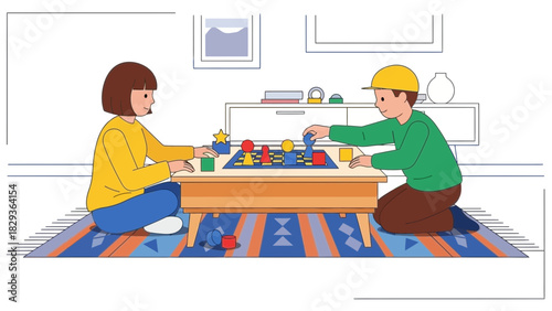 Engaging children enjoying a board game together, fostering creativity and fun in a cozy home setting, perfect for family time illustrations