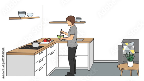 Person preparing delicious healthy meal in modern kitchen, blending ingredients with focus, simple living concept, cooking at home, wellness lifestyle