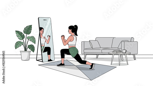 Stay fit at home with this confident woman doing lunges and exercising, living room workout, modern fitness, healthy lifestyle, yoga at home