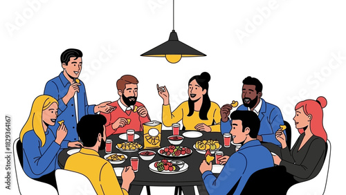 Dynamic team enjoys casual lunch break around office table, fostering collaboration and relaxed workplace culture, ideal for corporate well being initiatives