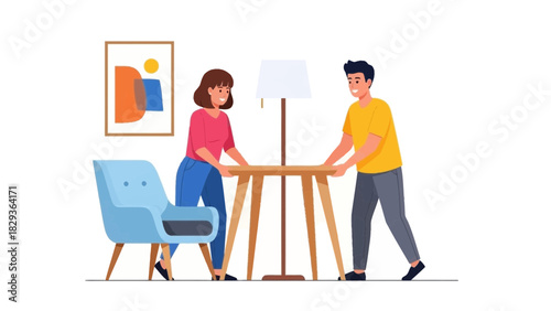 Young couple moving furniture and decorating their new apartment, creating a comfortable and stylish living space together, modern minimalist design