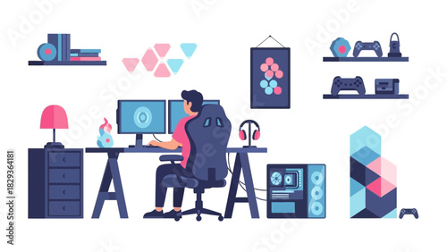 Professional gamer in ultimate gaming setup with dual monitors and RGB accessories, immersive gaming experience, esports arena, modern home office design