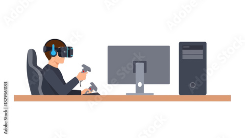 Immersed in virtual reality, a gamer experiences new worlds with headset and controllers, bringing modern entertainment to life with digital technology