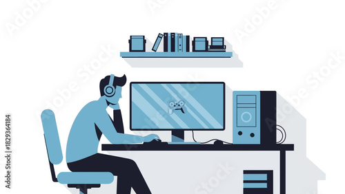 Dedicated gamer immersed in virtual world wearing headphones, focused on esports competition, vector style, showcasing online gaming culture and digital lifestyle