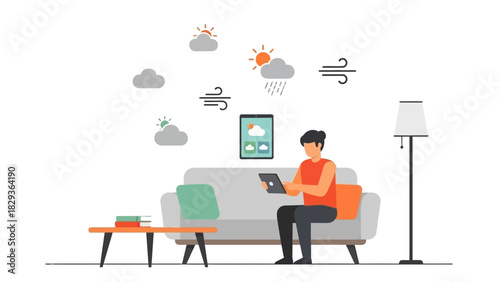Man Checking Weather App on Tablet, Relaxing on Sofa at Home, Modern Lifestyle, Digital Nomad, Weather Forecast, Home Interior, Comfortable Living, Vector Art