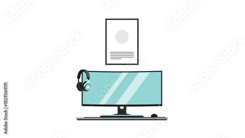 Sleek workstation setup for creative work with monitor, headphones and wall art, ideal for modern office design or gaming, originally designed as vector art