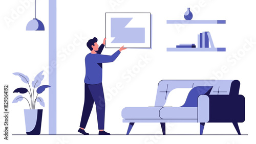 Man decorates modern living room with stylish artwork, enhancing the calm atmosphere and showcasing a trendy, minimalist design aesthetic for comfortable living