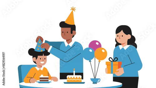 Happy family celebrating birthday with cake and gifts, dad putting party hat on child, mom holding gift, vector illustration for joyful moments
