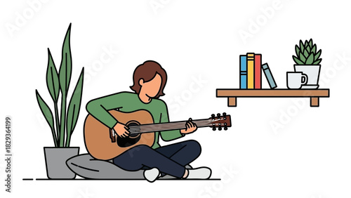 Relaxing at home: A young person plays acoustic guitar with books and plants, creating a cozy and modern vibe, perfect for lifestyle or music themes