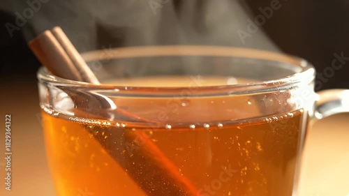 Close up of hot apple cider with cinnamon stick and steam rising in a clear glass mug
