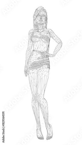 A beautiful girl with long flowing hair wears a sexy dress in this elegant sketch. The artistic drawing captures her feminine silhouette and graceful pose.