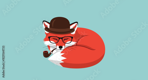 A charming cartoon fox, wearing a classic bowler hat and sophisticated glasses, is peacefully curled up and smoking a pipe.