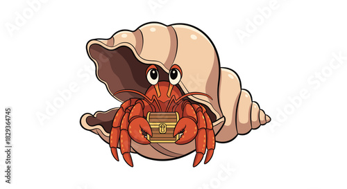 A charming cartoon hermit crab emerges from its spiral shell, happily clutching a small, antique-style wooden treasure chest.