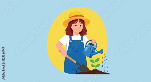 A cheerful young woman in a straw hat and blue overalls enjoys gardening, digging soil with a shovel and watering a new plant.