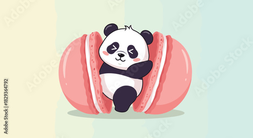 Cute cartoon panda snuggled happily inside a large pink macaron on a gentle gradient background.