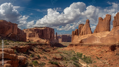 Sandstone canyon formations at the wall and wall street trail in arches national park utah usa, dramatic desert landscape vector illustration with towering cliffs and natural rock textures