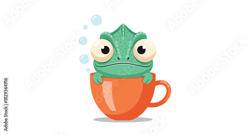 A cute and adorable cartoon chameleon with big eyes peeking happily from an orange teacup with some playful bubbles floating around.