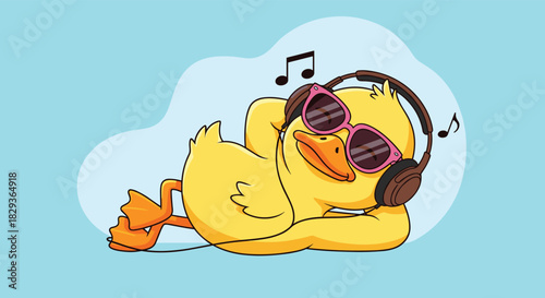 A cute, yellow cartoon duck wearing stylish pink sunglasses and headphones, happily relaxing and listening to music on a light blue background.
