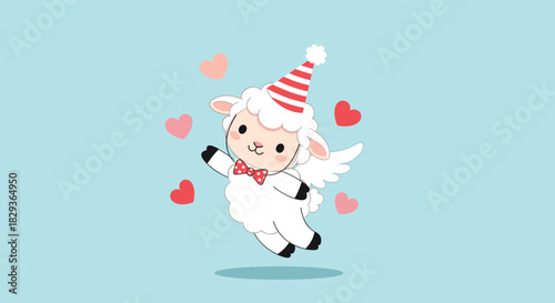 A charming cartoon lamb in a striped party hat and red bow tie, with wings, joyfully floats surrounded by pink and red hearts on a light blue background.