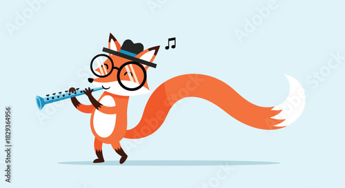 An adorable cartoon fox wearing a stylish hat and spectacles, skillfully plays a blue clarinet with musical notes floating in the air.
