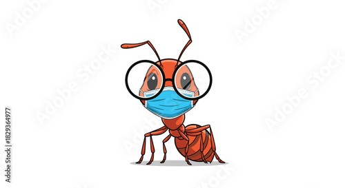 Adorable cartoon ant character wearing round spectacles and a blue medical face mask, standing isolated on a clean white background.