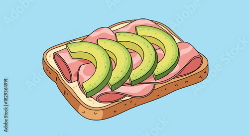 Hand-drawn style illustration of a tasty open-faced sandwich with pink deli meat and fresh avocado slices on toasted bread, on a plain blue background.