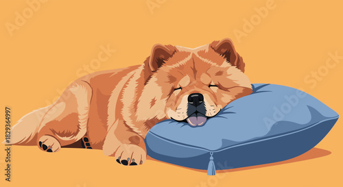 A fluffy orange Chow Chow dog sleeping peacefully on a blue pillow, its tongue slightly out.