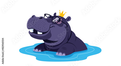 A cute, purple cartoon hippo wearing a gold crown and eyeglasses, smiling happily while partially submerged in blue water.