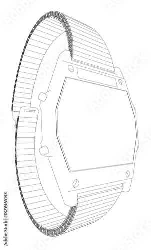 Vintage wrist watch contour drawing with intricate lines and realistic details. The round face features a black bezel, silver band, and digital display with multiple buttons.