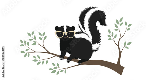 A charming cartoon skunk wearing stylish round glasses perches gently on a tree branch adorned with green leaves.